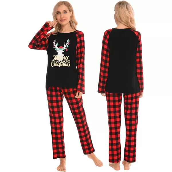 SWOMOG Matching Family Christmas Pajamas Printed Long Sleeve Tee and Plaid Pants LoungewearWomen Gold Letter Deer