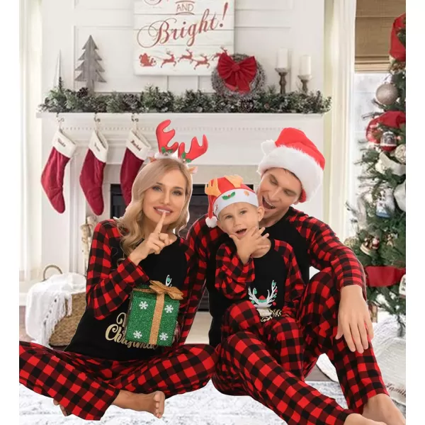 SWOMOG Matching Family Christmas Pajamas Printed Long Sleeve Tee and Plaid Pants LoungewearWomen Gold Letter Deer