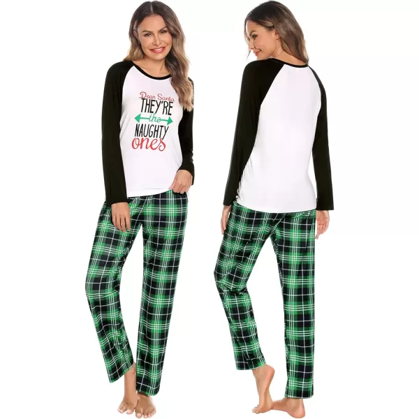 SWOMOG Matching Family Christmas Pajamas Printed Long Sleeve Tee and Plaid Pants LoungewearWomen Green Letter