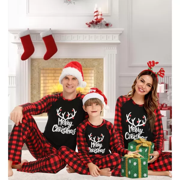 SWOMOG Matching Family Christmas Pajamas Printed Long Sleeve Tee and Plaid Pants LoungewearWomen Letter Deer