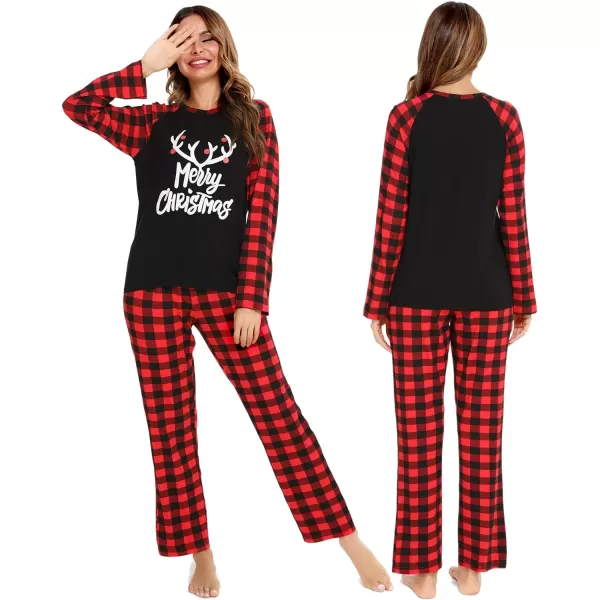 SWOMOG Matching Family Christmas Pajamas Printed Long Sleeve Tee and Plaid Pants LoungewearWomen Letter Deer