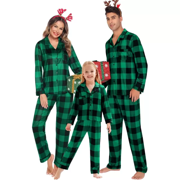 SWOMOG Matching Family Christmas Pajamas Set Long Sleeve Festival Party Pj Sets Holiday Warm Sleepwear ButtonDown LoungewearKids Big Green With Black Grid