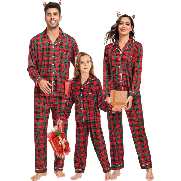 SWOMOG Matching Family Christmas Pajamas Set Long Sleeve Festival Party Pj Sets Holiday Warm Sleepwear ButtonDown LoungewearKids Red Green Grid