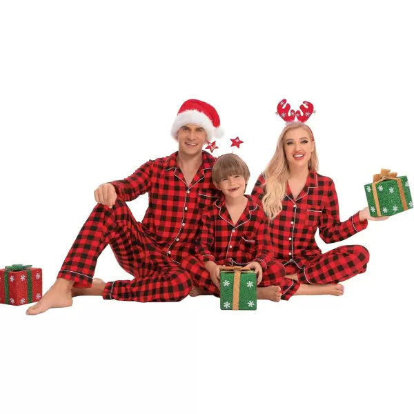 SWOMOG Matching Family Christmas Pajamas Set Long Sleeve Festival Party Pj Sets Holiday Warm Sleepwear ButtonDown LoungewearKids Red With Black Grid