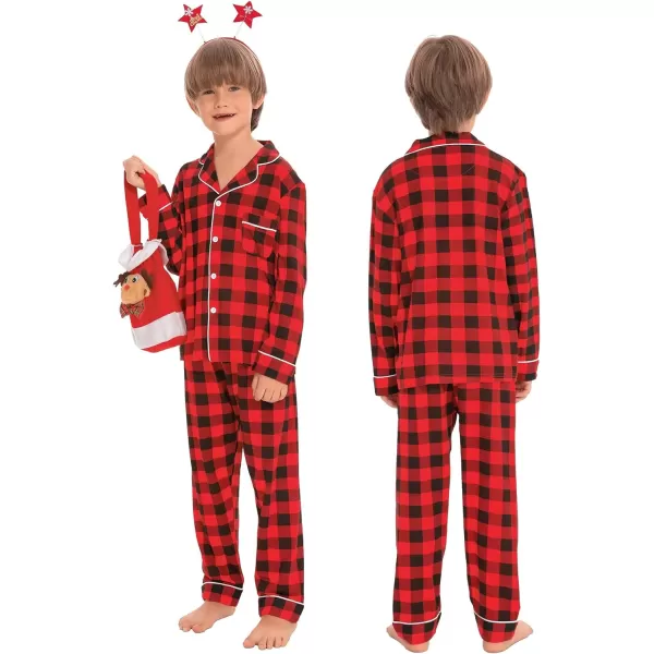 SWOMOG Matching Family Christmas Pajamas Set Long Sleeve Festival Party Pj Sets Holiday Warm Sleepwear ButtonDown LoungewearKids Red With Black Grid