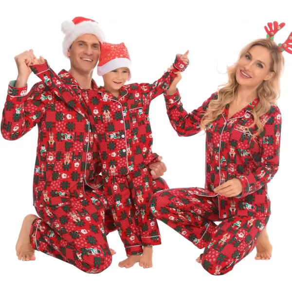 SWOMOG Matching Family Christmas Pajamas Set Long Sleeve Festival Party Pj Sets Holiday Warm Sleepwear ButtonDown LoungewearKids Red With Santa Deer