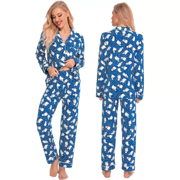 SWOMOG Matching Family Christmas Pajamas Set Long Sleeve Festival Party Pj Sets Holiday Warm Sleepwear ButtonDown LoungewearWomen Blue With Polar Bear