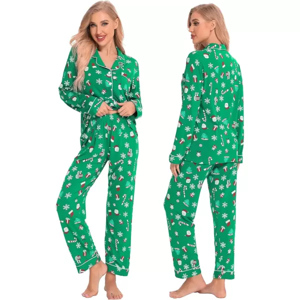 SWOMOG Matching Family Christmas Pajamas Set Long Sleeve Festival Party Pj Sets Holiday Warm Sleepwear ButtonDown LoungewearWomen Green With Santa Claus