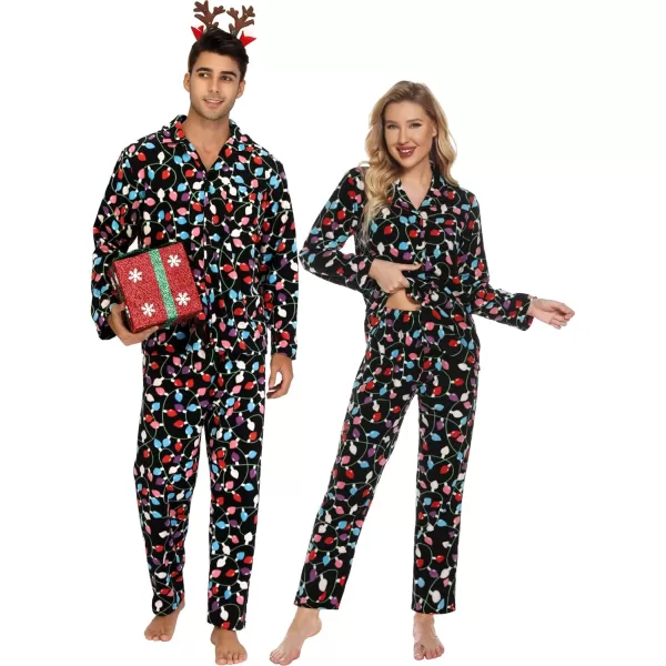 SWOMOG Matching Family Pajama Set Warm Fleece Pajamas Christmas Matching Pj Sets Long Sleeve Button Down Pjs Sleepwear SetMen Christmas Light