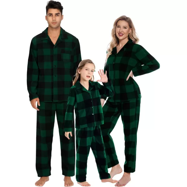 SWOMOG Matching Family Pajama Set Warm Fleece Pajamas Christmas Matching Pj Sets Long Sleeve Button Down Pjs Sleepwear SetUnisex Kids Big Green Plaid