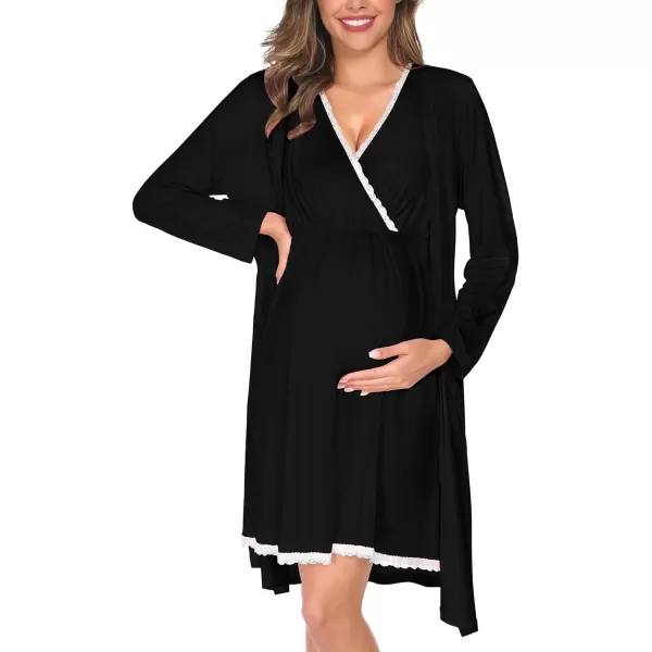 SWOMOG Maternity Nursing Gown and Robe Set 3in1 Labor Hospital Delivery 2 Pcs Nightgown for Breastfeeding Lace Nursing DressBlack