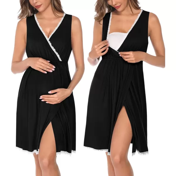 SWOMOG Maternity Nursing Gown and Robe Set 3in1 Labor Hospital Delivery 2 Pcs Nightgown for Breastfeeding Lace Nursing DressBlack