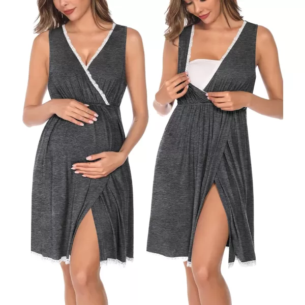 SWOMOG Maternity Nursing Gown and Robe Set 3in1 Labor Hospital Delivery 2 Pcs Nightgown for Breastfeeding Lace Nursing DressDark Grey