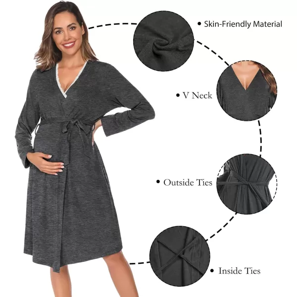 SWOMOG Maternity Nursing Gown and Robe Set 3in1 Labor Hospital Delivery 2 Pcs Nightgown for Breastfeeding Lace Nursing DressDark Grey