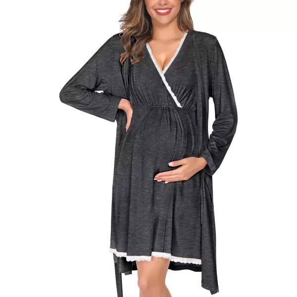 SWOMOG Maternity Nursing Gown and Robe Set 3in1 Labor Hospital Delivery 2 Pcs Nightgown for Breastfeeding Lace Nursing DressDark Grey