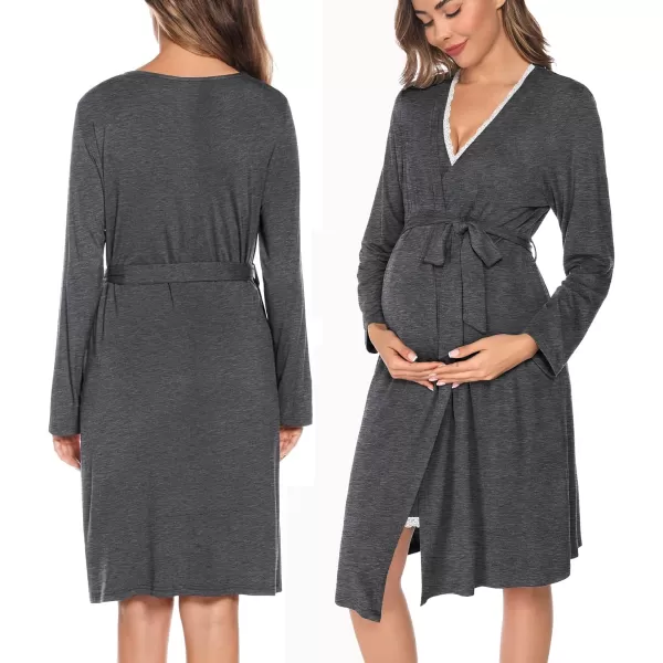 SWOMOG Maternity Nursing Gown and Robe Set 3in1 Labor Hospital Delivery 2 Pcs Nightgown for Breastfeeding Lace Nursing DressDark Grey