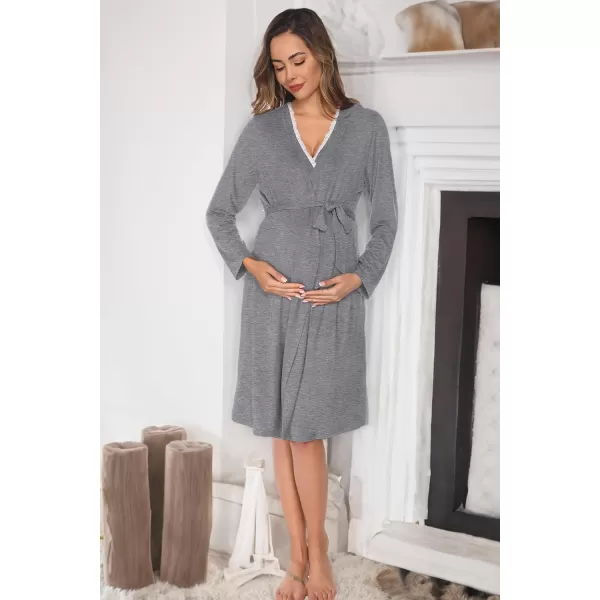 SWOMOG Maternity Nursing Gown and Robe Set 3in1 Labor Hospital Delivery 2 Pcs Nightgown for Breastfeeding Lace Nursing DressGrey