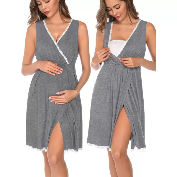 SWOMOG Maternity Nursing Gown and Robe Set 3in1 Labor Hospital Delivery 2 Pcs Nightgown for Breastfeeding Lace Nursing DressGrey