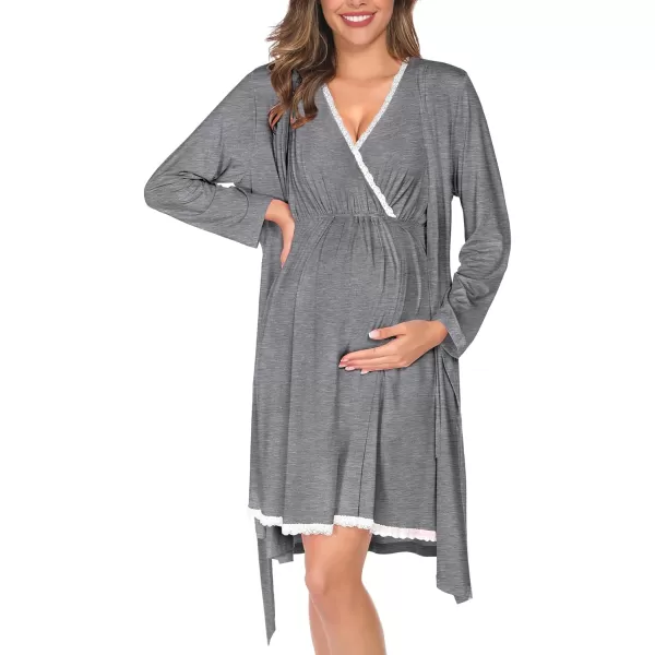 SWOMOG Maternity Nursing Gown and Robe Set 3in1 Labor Hospital Delivery 2 Pcs Nightgown for Breastfeeding Lace Nursing DressGrey