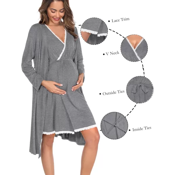 SWOMOG Maternity Nursing Gown and Robe Set 3in1 Labor Hospital Delivery 2 Pcs Nightgown for Breastfeeding Lace Nursing DressGrey