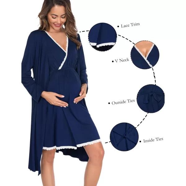 SWOMOG Maternity Nursing Gown and Robe Set 3in1 Labor Hospital Delivery 2 Pcs Nightgown for Breastfeeding Lace Nursing DressNavy Blue