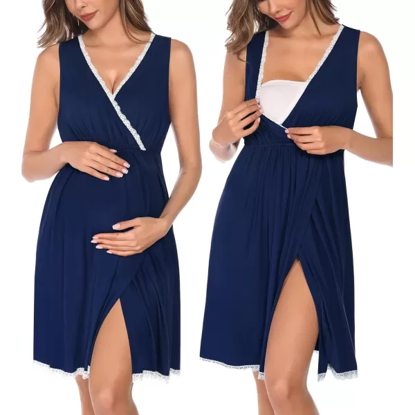 SWOMOG Maternity Nursing Gown and Robe Set 3in1 Labor Hospital Delivery 2 Pcs Nightgown for Breastfeeding Lace Nursing DressNavy Blue