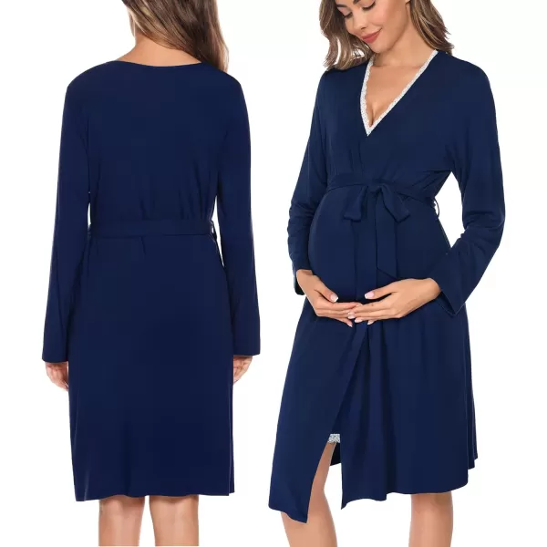 SWOMOG Maternity Nursing Gown and Robe Set 3in1 Labor Hospital Delivery 2 Pcs Nightgown for Breastfeeding Lace Nursing DressNavy Blue