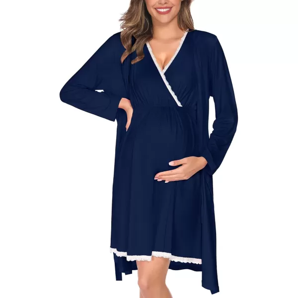 SWOMOG Maternity Nursing Gown and Robe Set 3in1 Labor Hospital Delivery 2 Pcs Nightgown for Breastfeeding Lace Nursing DressNavy Blue