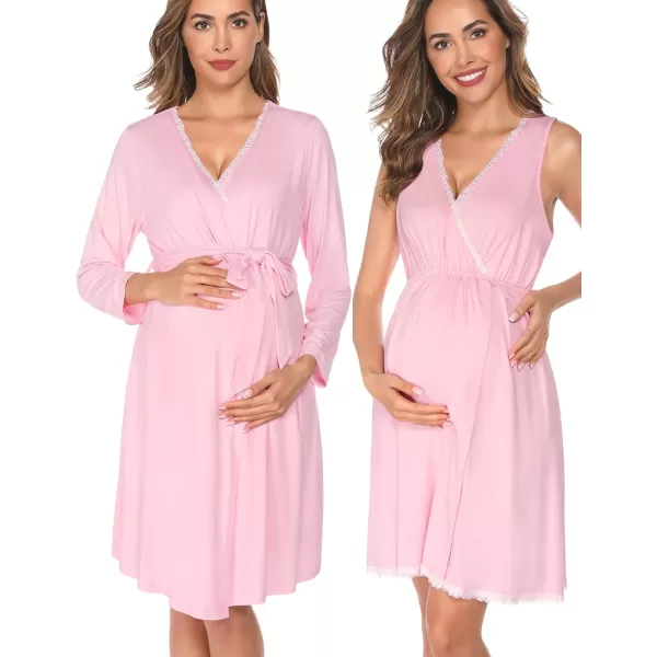 SWOMOG Maternity Nursing Gown and Robe Set 3in1 Labor Hospital Delivery 2 Pcs Nightgown for Breastfeeding Lace Nursing DressPink