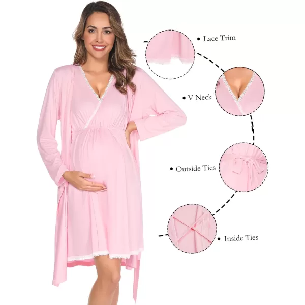 SWOMOG Maternity Nursing Gown and Robe Set 3in1 Labor Hospital Delivery 2 Pcs Nightgown for Breastfeeding Lace Nursing DressPink