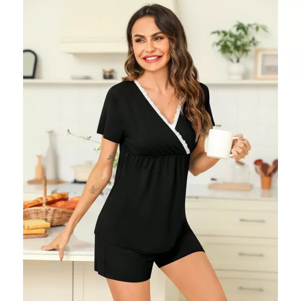 SWOMOG Maternity Nursing Pajamas Set 2 PCS Breastfeeding Sleepwear Short Sleeve Top  Shorts Pregnancy Pjs Set for HospitalBlack