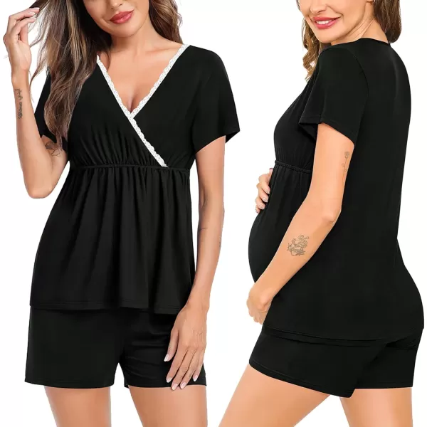 SWOMOG Maternity Nursing Pajamas Set 2 PCS Breastfeeding Sleepwear Short Sleeve Top  Shorts Pregnancy Pjs Set for HospitalBlack