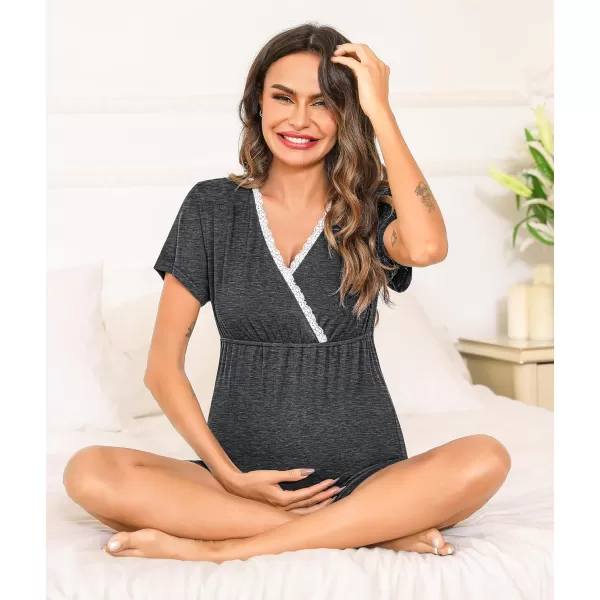 SWOMOG Maternity Nursing Pajamas Set 2 PCS Breastfeeding Sleepwear Short Sleeve Top  Shorts Pregnancy Pjs Set for HospitalDeep Grey