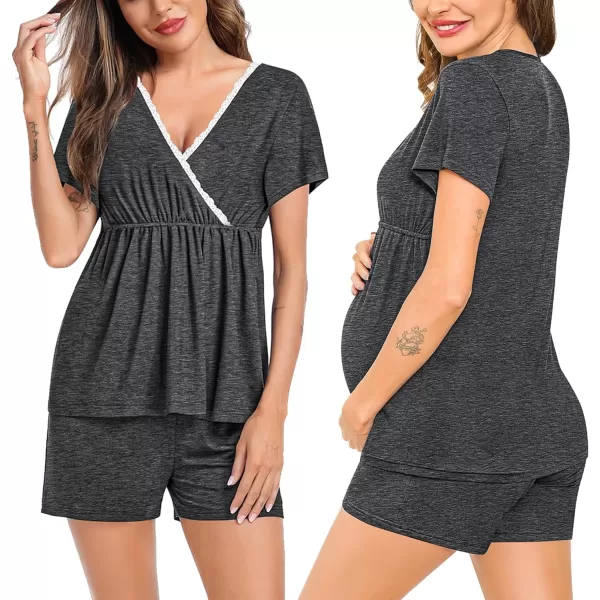 SWOMOG Maternity Nursing Pajamas Set 2 PCS Breastfeeding Sleepwear Short Sleeve Top  Shorts Pregnancy Pjs Set for HospitalDeep Grey