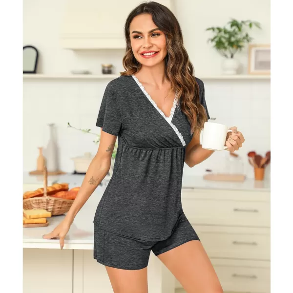 SWOMOG Maternity Nursing Pajamas Set 2 PCS Breastfeeding Sleepwear Short Sleeve Top  Shorts Pregnancy Pjs Set for HospitalDeep Grey