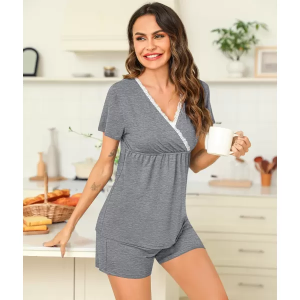 SWOMOG Maternity Nursing Pajamas Set 2 PCS Breastfeeding Sleepwear Short Sleeve Top  Shorts Pregnancy Pjs Set for HospitalGrey