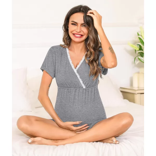 SWOMOG Maternity Nursing Pajamas Set 2 PCS Breastfeeding Sleepwear Short Sleeve Top  Shorts Pregnancy Pjs Set for HospitalGrey