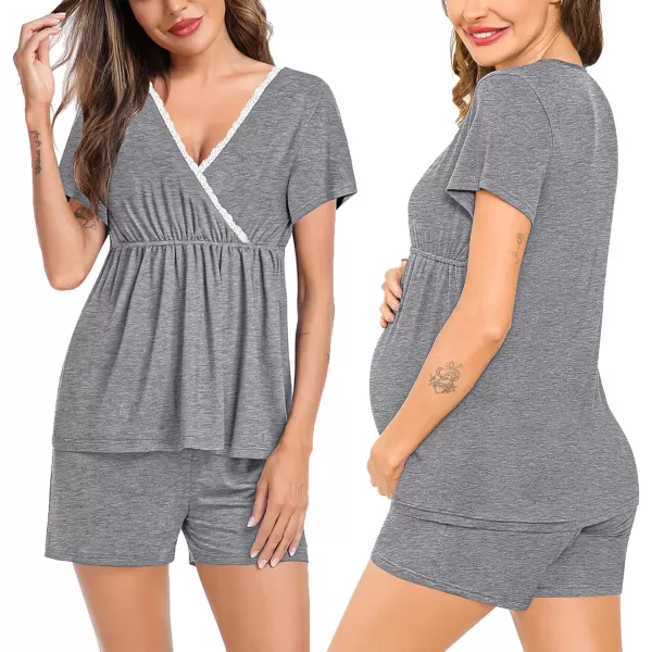 SWOMOG Maternity Nursing Pajamas Set 2 PCS Breastfeeding Sleepwear Short Sleeve Top  Shorts Pregnancy Pjs Set for HospitalGrey