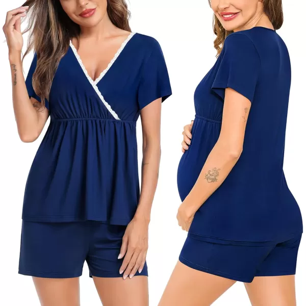 SWOMOG Maternity Nursing Pajamas Set 2 PCS Breastfeeding Sleepwear Short Sleeve Top  Shorts Pregnancy Pjs Set for HospitalNavy Blue