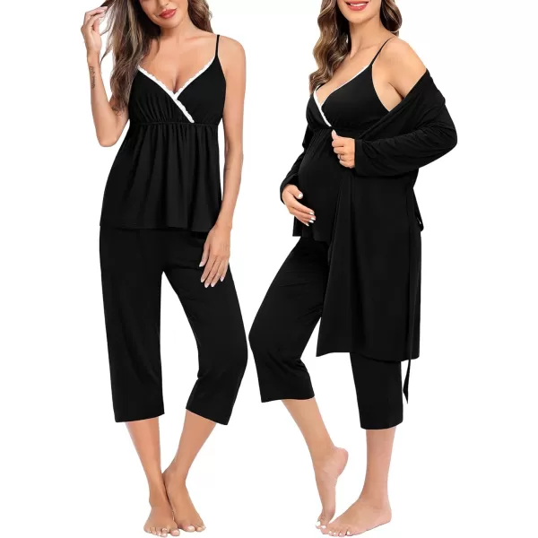 SWOMOG Maternity Nursing Robe Set 3 PCS Breastfeeding Capri Pajamas Set 3 in 1 Labor Delivery Sleepwear Pregnancy PjsBlack