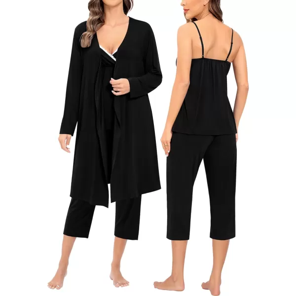 SWOMOG Maternity Nursing Robe Set 3 PCS Breastfeeding Capri Pajamas Set 3 in 1 Labor Delivery Sleepwear Pregnancy PjsBlack