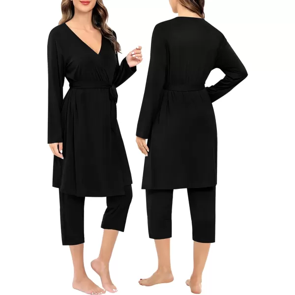 SWOMOG Maternity Nursing Robe Set 3 PCS Breastfeeding Capri Pajamas Set 3 in 1 Labor Delivery Sleepwear Pregnancy PjsBlack