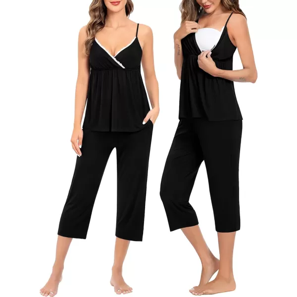 SWOMOG Maternity Nursing Robe Set 3 PCS Breastfeeding Capri Pajamas Set 3 in 1 Labor Delivery Sleepwear Pregnancy PjsBlack