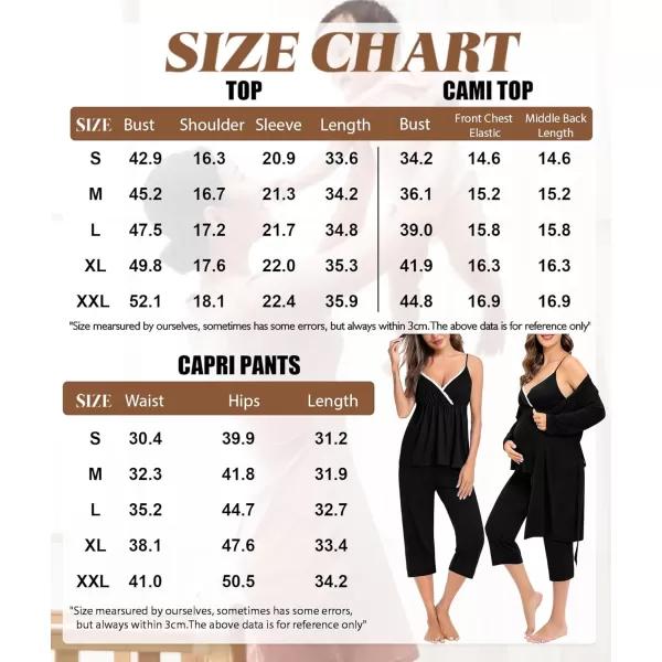 SWOMOG Maternity Nursing Robe Set 3 PCS Breastfeeding Capri Pajamas Set 3 in 1 Labor Delivery Sleepwear Pregnancy PjsBlack