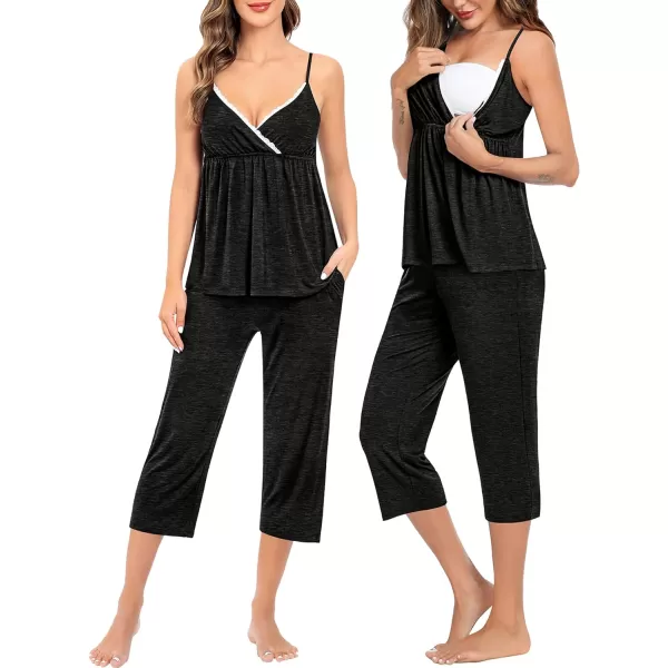 SWOMOG Maternity Nursing Robe Set 3 PCS Breastfeeding Capri Pajamas Set 3 in 1 Labor Delivery Sleepwear Pregnancy PjsBlack Grey