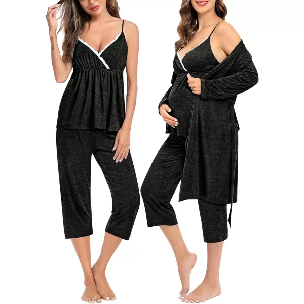 SWOMOG Maternity Nursing Robe Set 3 PCS Breastfeeding Capri Pajamas Set 3 in 1 Labor Delivery Sleepwear Pregnancy PjsBlack Grey