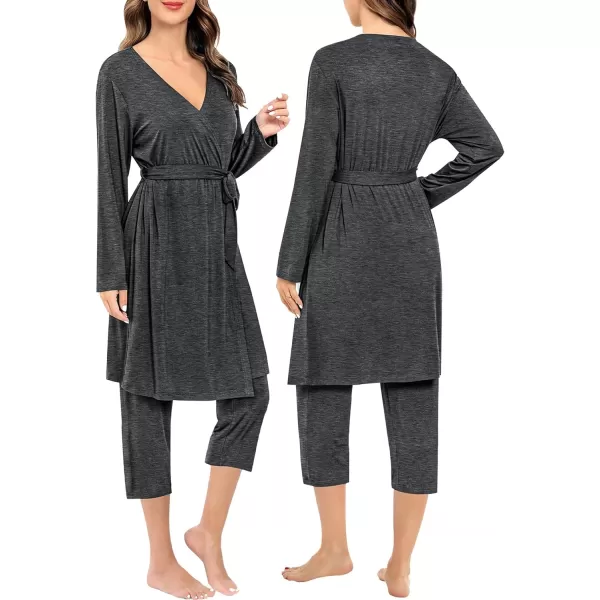 SWOMOG Maternity Nursing Robe Set 3 PCS Breastfeeding Capri Pajamas Set 3 in 1 Labor Delivery Sleepwear Pregnancy PjsDeep Grey