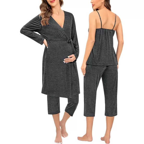 SWOMOG Maternity Nursing Robe Set 3 PCS Breastfeeding Capri Pajamas Set 3 in 1 Labor Delivery Sleepwear Pregnancy PjsDeep Grey