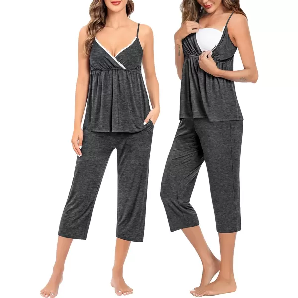 SWOMOG Maternity Nursing Robe Set 3 PCS Breastfeeding Capri Pajamas Set 3 in 1 Labor Delivery Sleepwear Pregnancy PjsDeep Grey