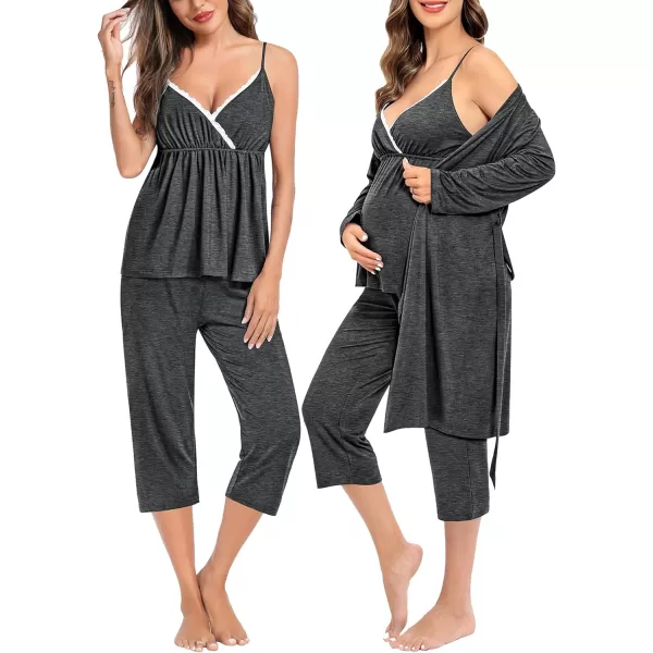 SWOMOG Maternity Nursing Robe Set 3 PCS Breastfeeding Capri Pajamas Set 3 in 1 Labor Delivery Sleepwear Pregnancy PjsDeep Grey